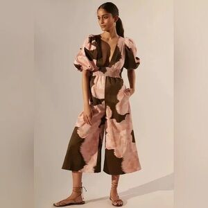 HUTCH (Anthropologie) Pink & Brown Floral Puff-Sleeve Jumpsuit Sz S